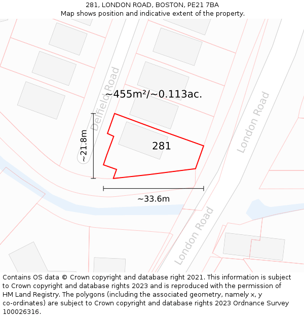 281, LONDON ROAD, BOSTON, PE21 7BA: Plot and title map