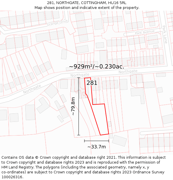 281, NORTHGATE, COTTINGHAM, HU16 5RL: Plot and title map