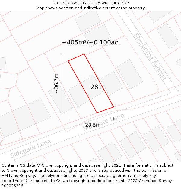 281, SIDEGATE LANE, IPSWICH, IP4 3DP: Plot and title map