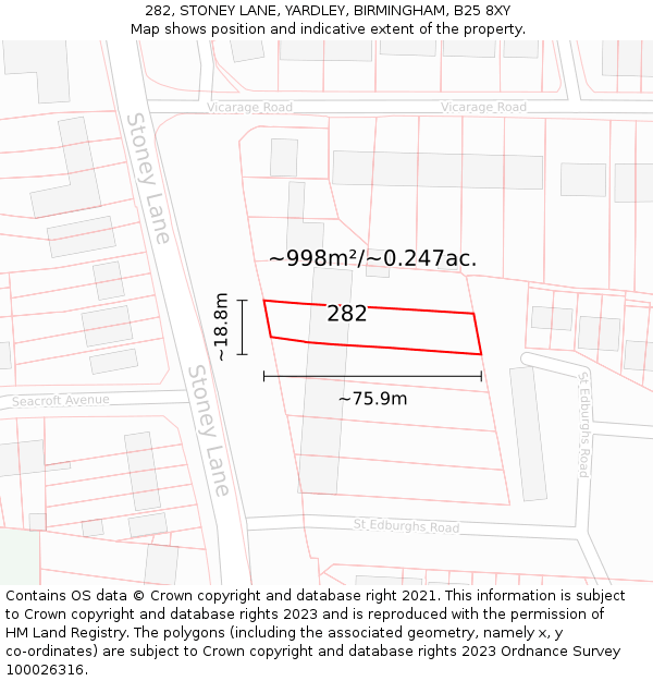 282, STONEY LANE, YARDLEY, BIRMINGHAM, B25 8XY: Plot and title map