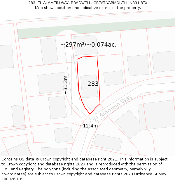 283, EL ALAMEIN WAY, BRADWELL, GREAT YARMOUTH, NR31 8TX: Plot and title map