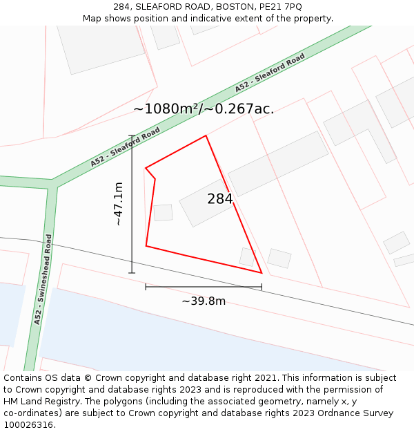 284, SLEAFORD ROAD, BOSTON, PE21 7PQ: Plot and title map