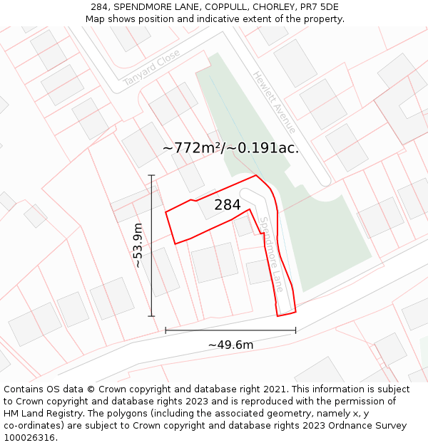 284, SPENDMORE LANE, COPPULL, CHORLEY, PR7 5DE: Plot and title map