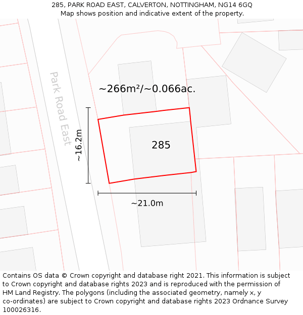 285, PARK ROAD EAST, CALVERTON, NOTTINGHAM, NG14 6GQ: Plot and title map
