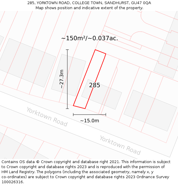 285, YORKTOWN ROAD, COLLEGE TOWN, SANDHURST, GU47 0QA: Plot and title map