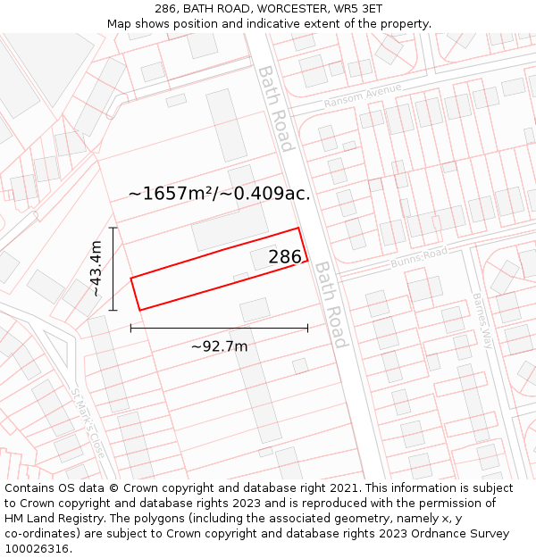 286, BATH ROAD, WORCESTER, WR5 3ET: Plot and title map