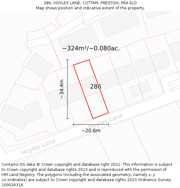 286, HOYLES LANE, COTTAM, PRESTON, PR4 0LD: Plot and title map