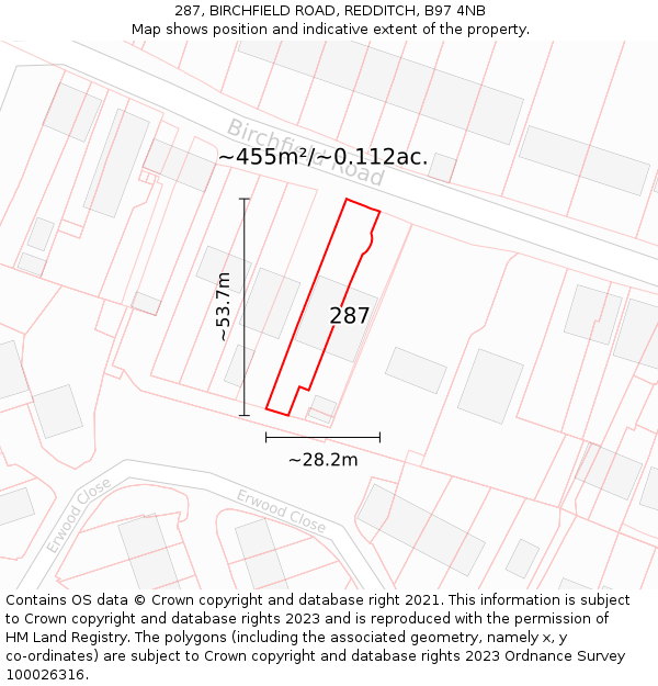 287, BIRCHFIELD ROAD, REDDITCH, B97 4NB: Plot and title map