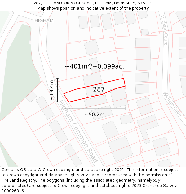 287, HIGHAM COMMON ROAD, HIGHAM, BARNSLEY, S75 1PF: Plot and title map