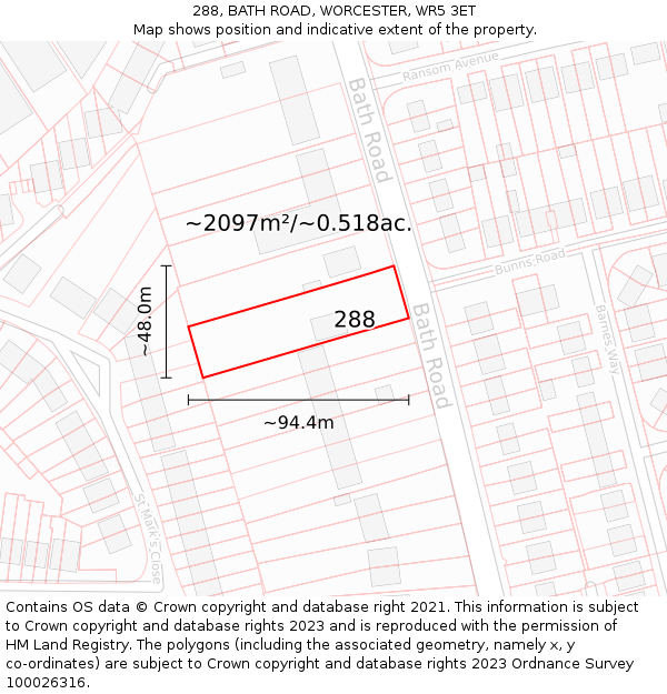 288, BATH ROAD, WORCESTER, WR5 3ET: Plot and title map