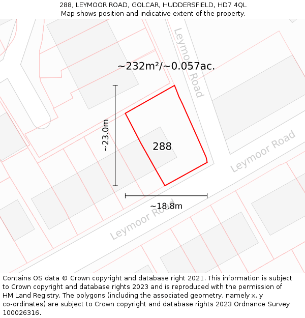 288, LEYMOOR ROAD, GOLCAR, HUDDERSFIELD, HD7 4QL: Plot and title map