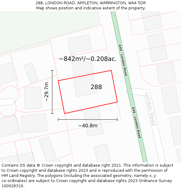 288, LONDON ROAD, APPLETON, WARRINGTON, WA4 5DR: Plot and title map