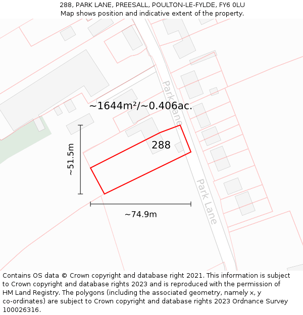 288, PARK LANE, PREESALL, POULTON-LE-FYLDE, FY6 0LU: Plot and title map