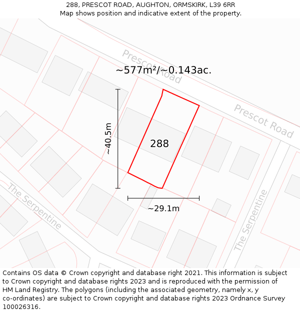 288, PRESCOT ROAD, AUGHTON, ORMSKIRK, L39 6RR: Plot and title map