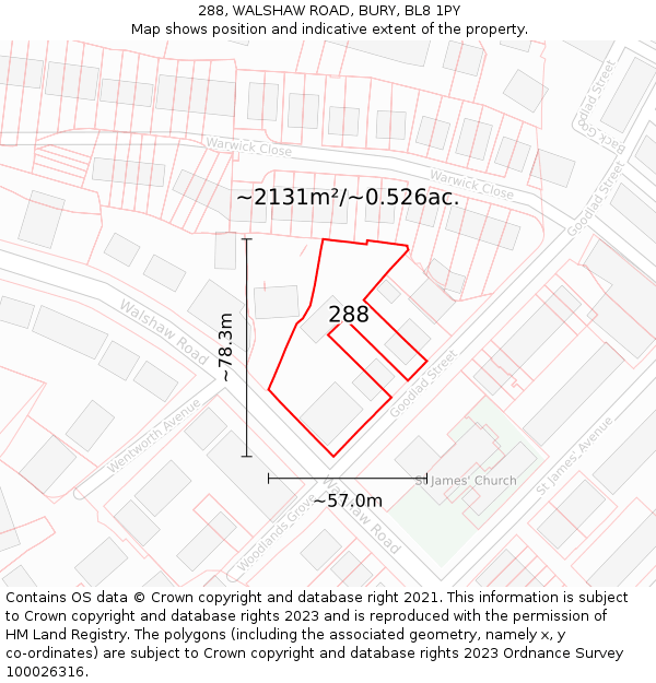 288, WALSHAW ROAD, BURY, BL8 1PY: Plot and title map