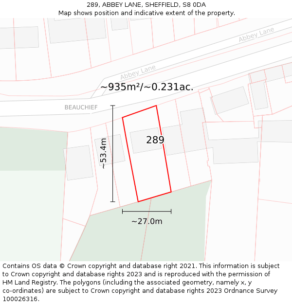 289, ABBEY LANE, SHEFFIELD, S8 0DA: Plot and title map