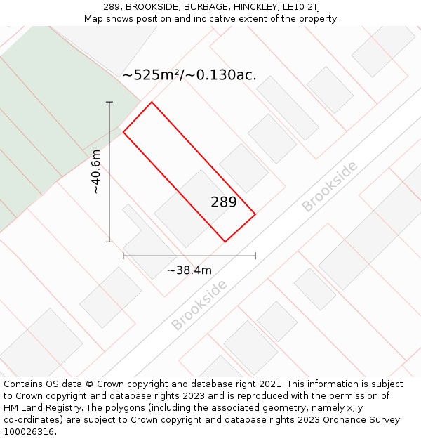 289, BROOKSIDE, BURBAGE, HINCKLEY, LE10 2TJ: Plot and title map