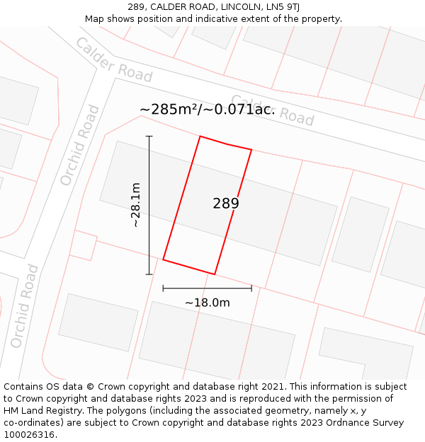 289, CALDER ROAD, LINCOLN, LN5 9TJ: Plot and title map