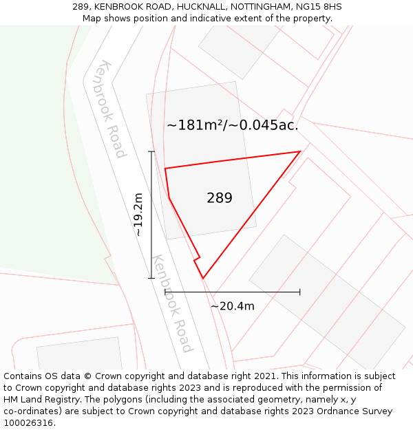 289, KENBROOK ROAD, HUCKNALL, NOTTINGHAM, NG15 8HS: Plot and title map