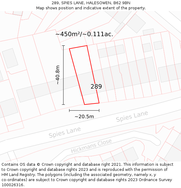 289, SPIES LANE, HALESOWEN, B62 9BN: Plot and title map