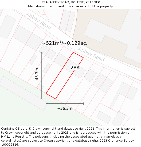 28A, ABBEY ROAD, BOURNE, PE10 9EP: Plot and title map