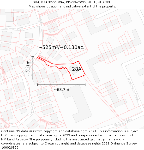28A, BRANDON WAY, KINGSWOOD, HULL, HU7 3EL: Plot and title map