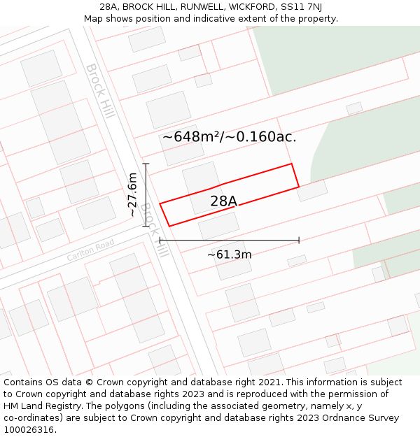 28A, BROCK HILL, RUNWELL, WICKFORD, SS11 7NJ: Plot and title map