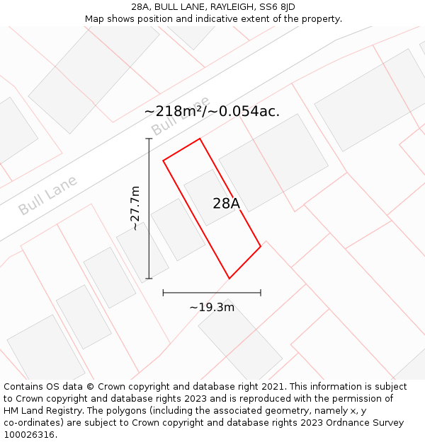 28A, BULL LANE, RAYLEIGH, SS6 8JD: Plot and title map