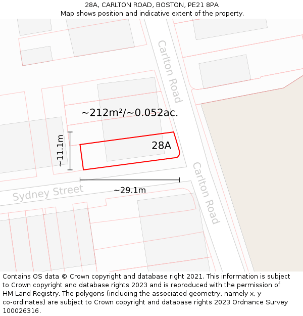 28A, CARLTON ROAD, BOSTON, PE21 8PA: Plot and title map