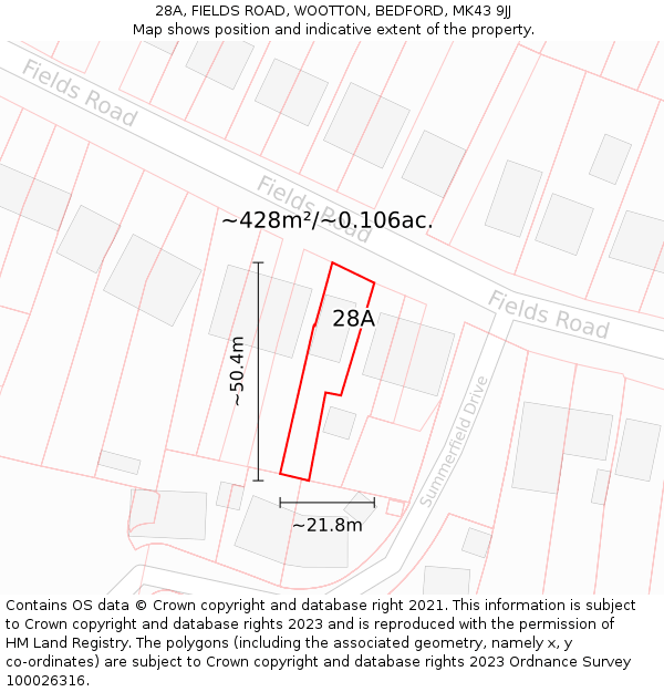 28A, FIELDS ROAD, WOOTTON, BEDFORD, MK43 9JJ: Plot and title map