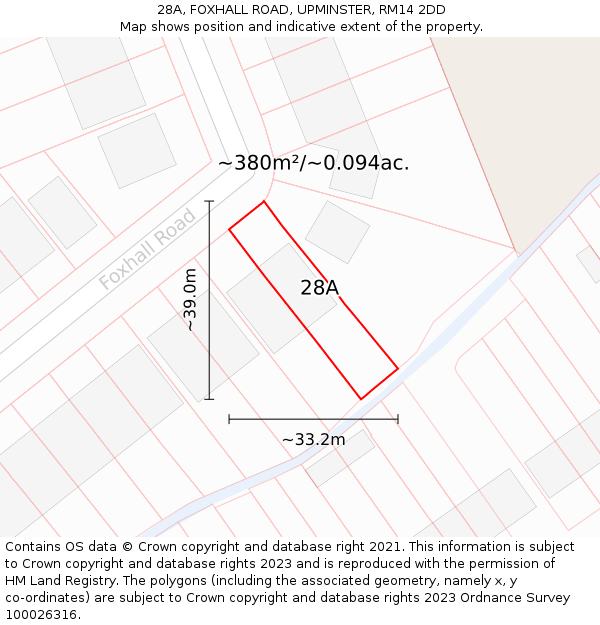 28A, FOXHALL ROAD, UPMINSTER, RM14 2DD: Plot and title map