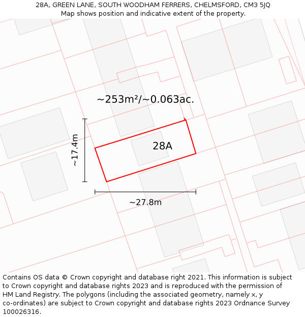 28A, GREEN LANE, SOUTH WOODHAM FERRERS, CHELMSFORD, CM3 5JQ: Plot and title map