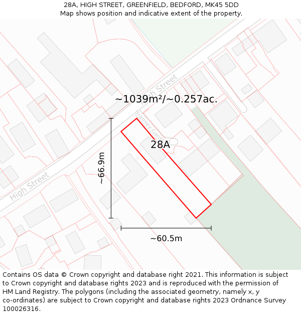 28A, HIGH STREET, GREENFIELD, BEDFORD, MK45 5DD: Plot and title map
