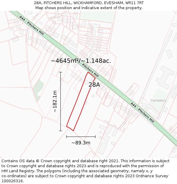 28A, PITCHERS HILL, WICKHAMFORD, EVESHAM, WR11 7RT: Plot and title map