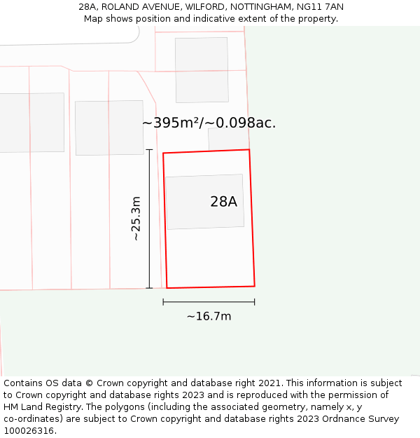 28A, ROLAND AVENUE, WILFORD, NOTTINGHAM, NG11 7AN: Plot and title map