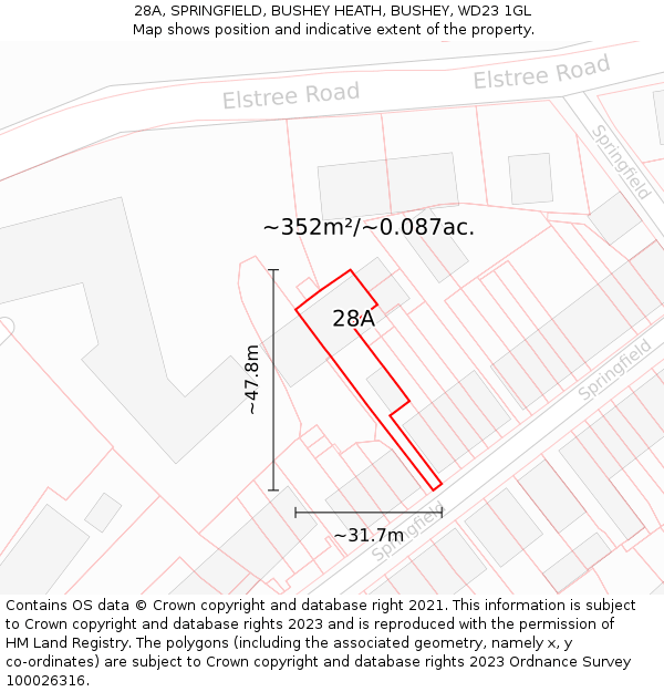 28A, SPRINGFIELD, BUSHEY HEATH, BUSHEY, WD23 1GL: Plot and title map