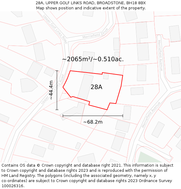 28A, UPPER GOLF LINKS ROAD, BROADSTONE, BH18 8BX: Plot and title map