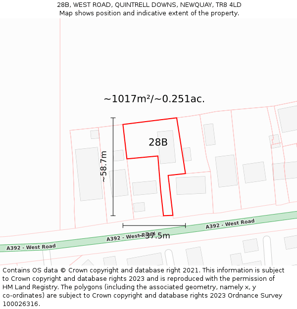 28B, WEST ROAD, QUINTRELL DOWNS, NEWQUAY, TR8 4LD: Plot and title map