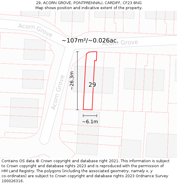 29, ACORN GROVE, PONTPRENNAU, CARDIFF, CF23 8NG: Plot and title map