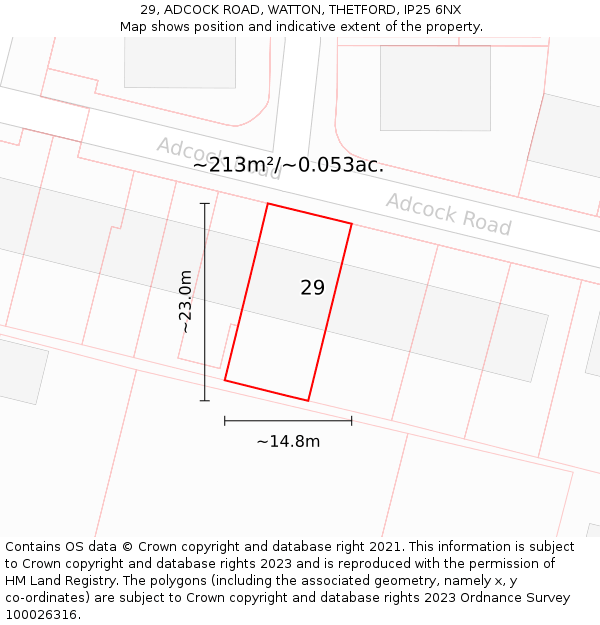 29, ADCOCK ROAD, WATTON, THETFORD, IP25 6NX: Plot and title map