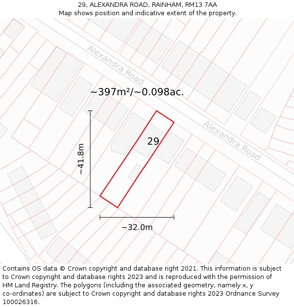 29, ALEXANDRA ROAD, RAINHAM, RM13 7AA: Plot and title map