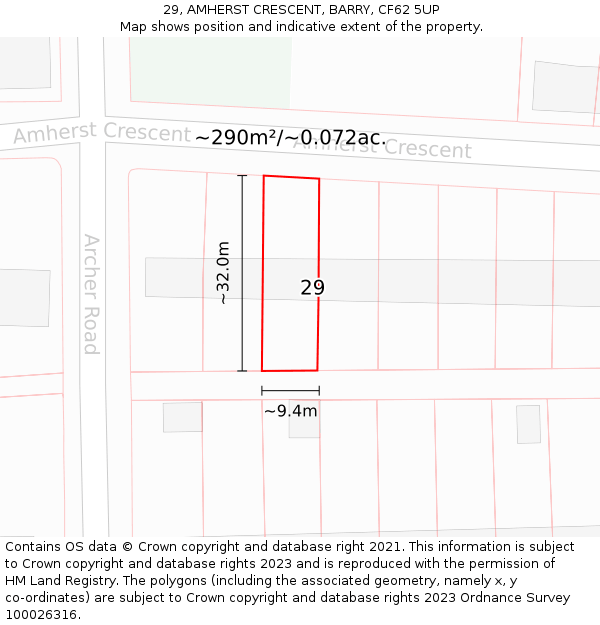 29, AMHERST CRESCENT, BARRY, CF62 5UP: Plot and title map