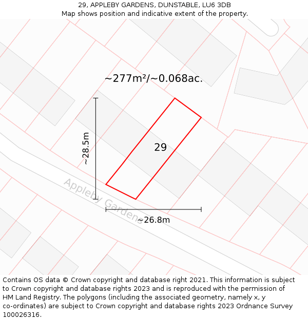 29, APPLEBY GARDENS, DUNSTABLE, LU6 3DB: Plot and title map