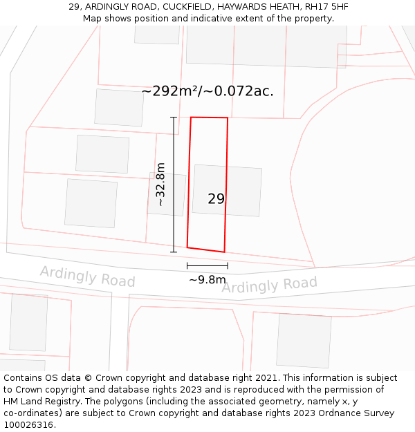 29, ARDINGLY ROAD, CUCKFIELD, HAYWARDS HEATH, RH17 5HF: Plot and title map