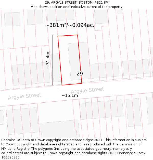 29, ARGYLE STREET, BOSTON, PE21 8PJ: Plot and title map