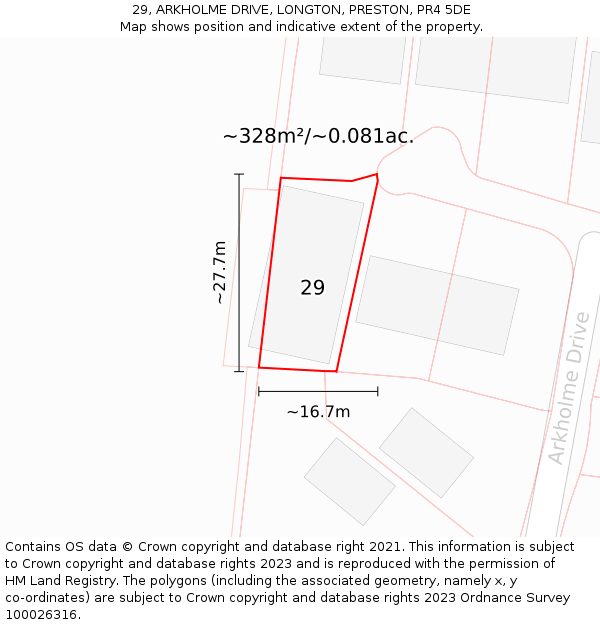 29, ARKHOLME DRIVE, LONGTON, PRESTON, PR4 5DE: Plot and title map