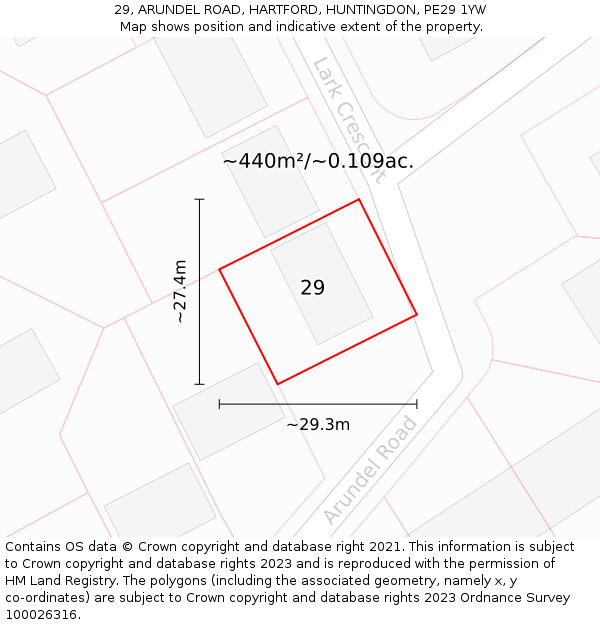 29, ARUNDEL ROAD, HARTFORD, HUNTINGDON, PE29 1YW: Plot and title map