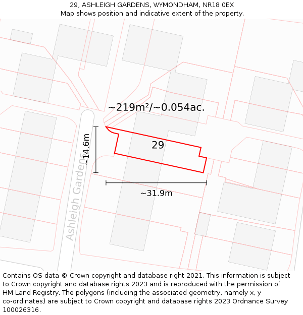 29, ASHLEIGH GARDENS, WYMONDHAM, NR18 0EX: Plot and title map