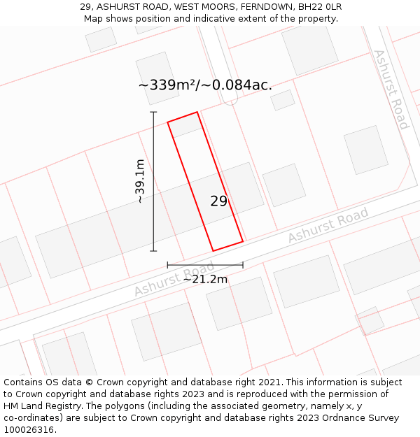 29, ASHURST ROAD, WEST MOORS, FERNDOWN, BH22 0LR: Plot and title map