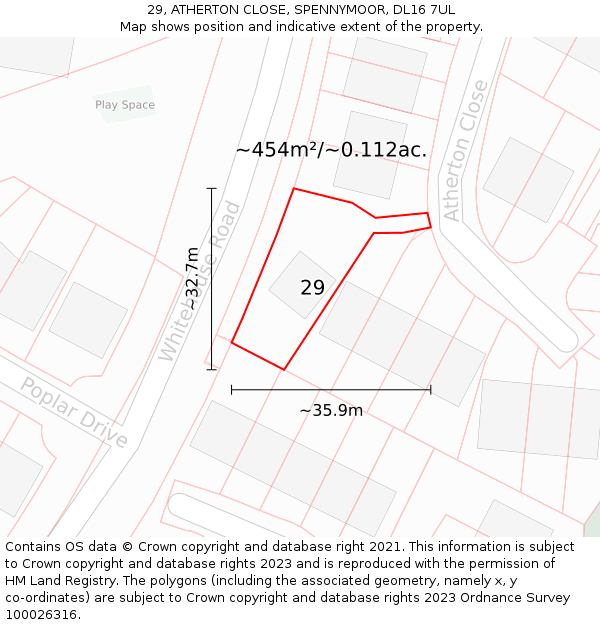 29, ATHERTON CLOSE, SPENNYMOOR, DL16 7UL: Plot and title map